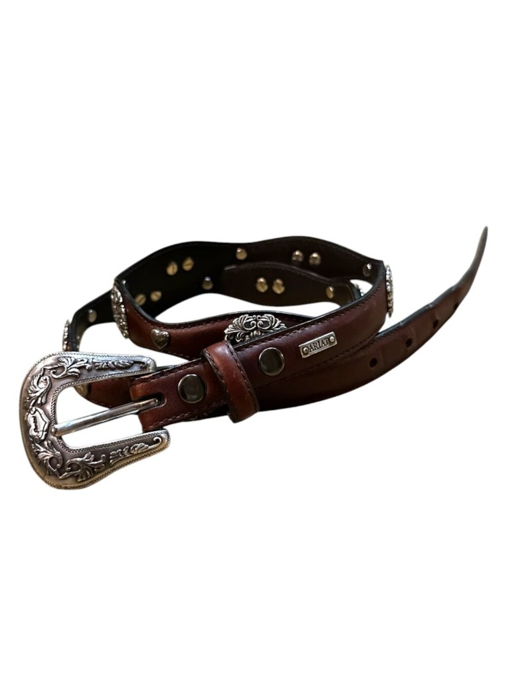 Vintage Ariat Brown Leather Silver Studded Belt Western